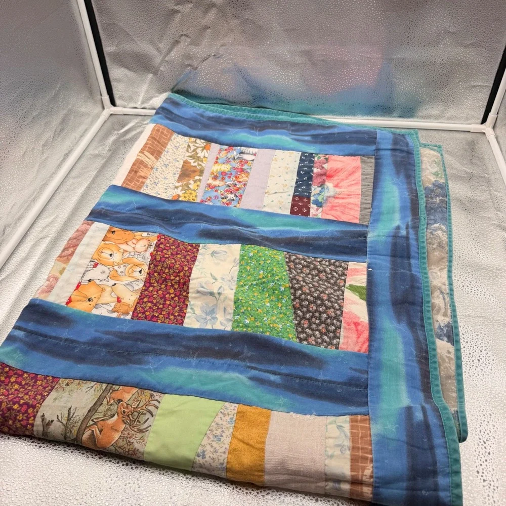 Handmade Patchwork Quilt Unisex 44x57 Blue Multi Excellent Scrap Fabric Throw
